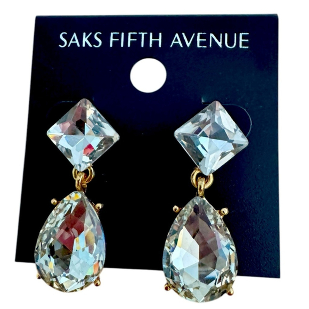 Saks Fifth Avenue Clear Crystal Dangle Teardrop Statement Earrings NEW 3/$25 - Picture 2 of 7